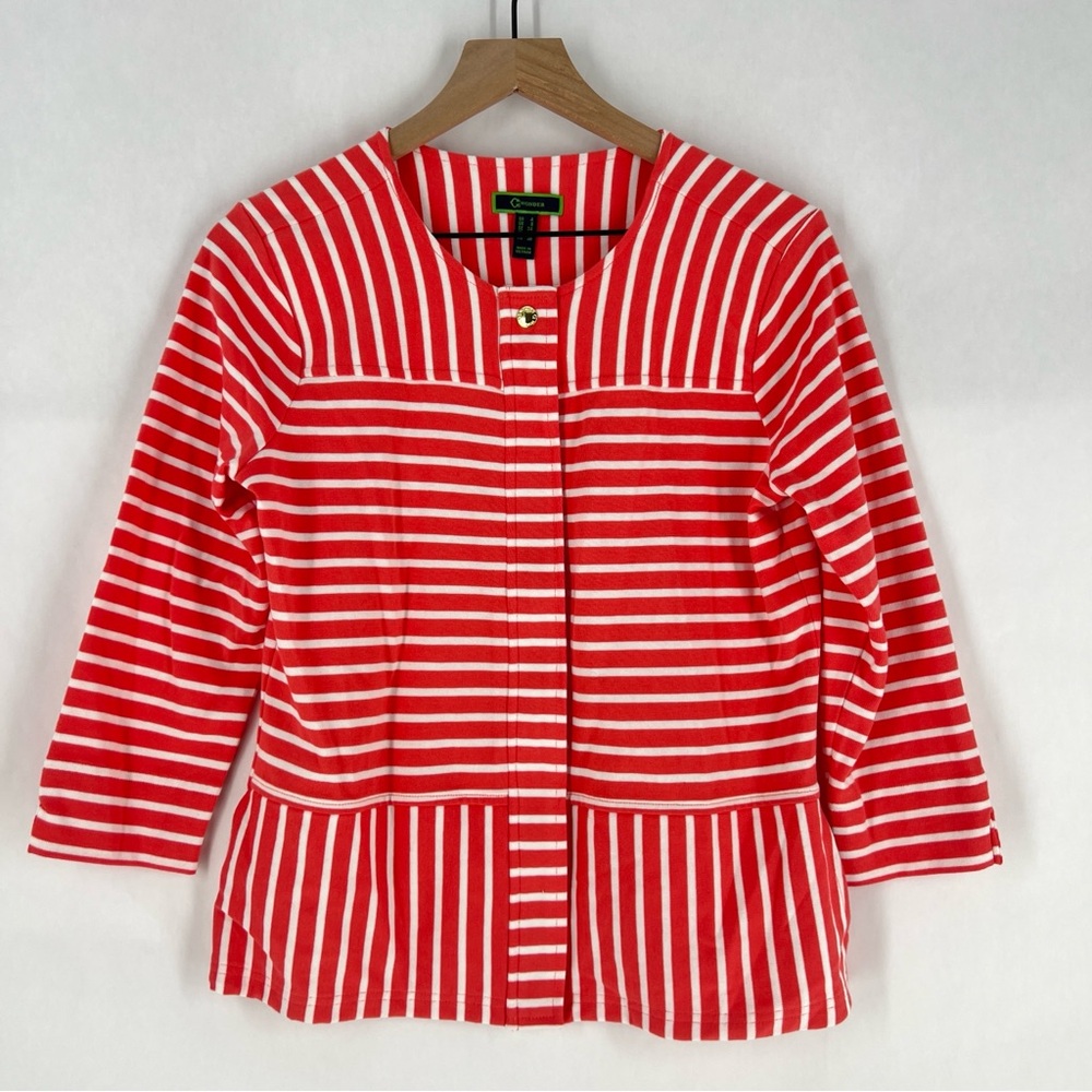 C Wonder Coral & White Striped Zip Front 3/4 Sleeve Collarless Round Neck Jacket